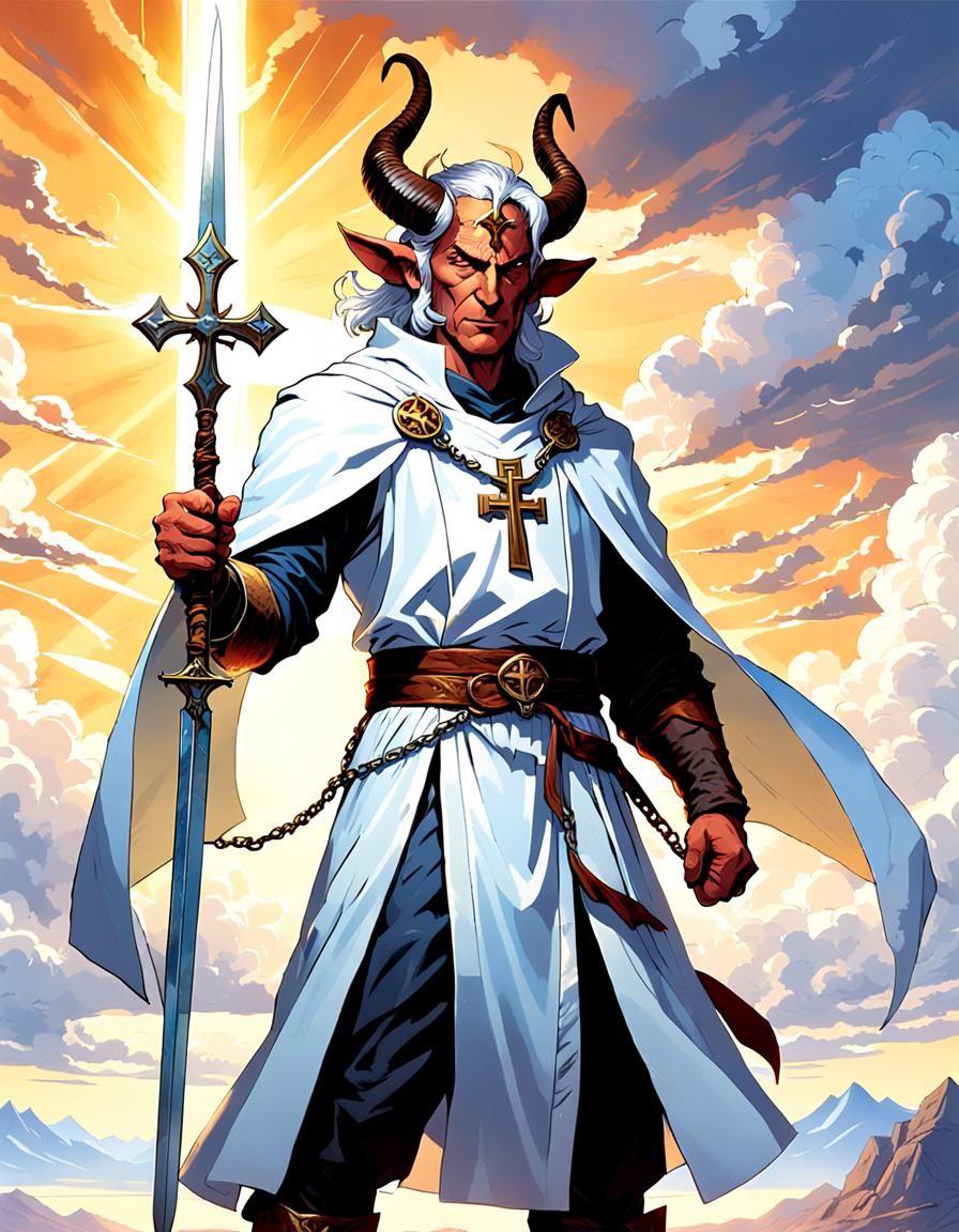 An aged holy priest and tiefling