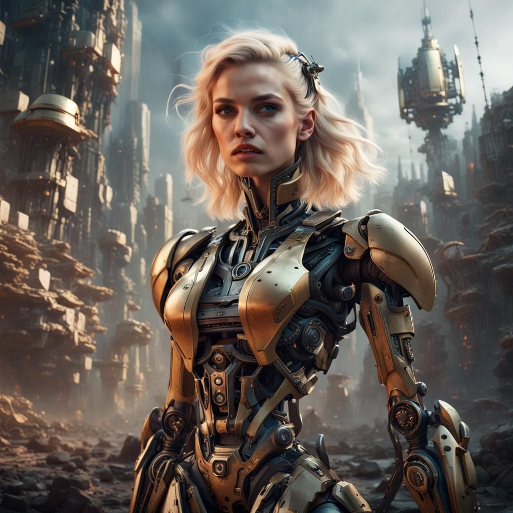 Woman Breaks Chains From Robots: Detailed Digital Painting