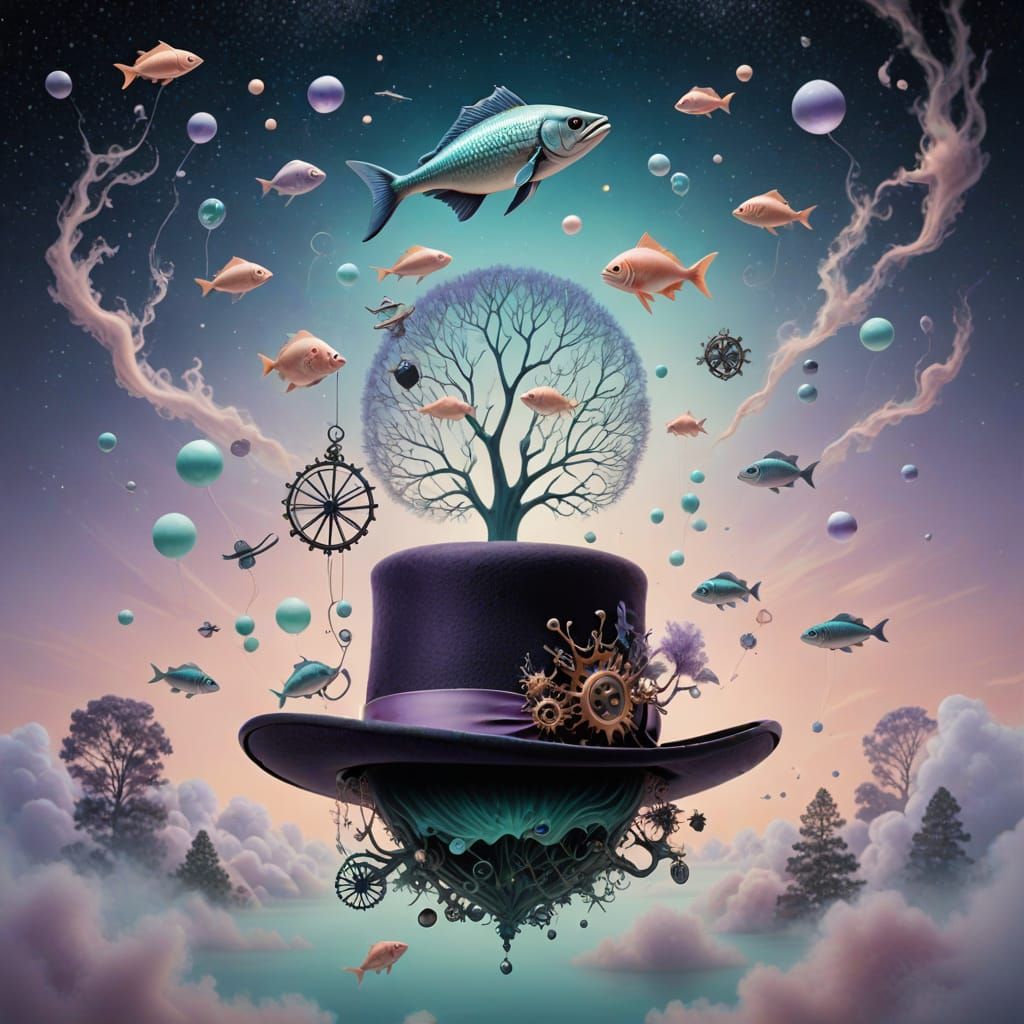 Surrealist Dreamscape with Flying Fish in Pastel Hues