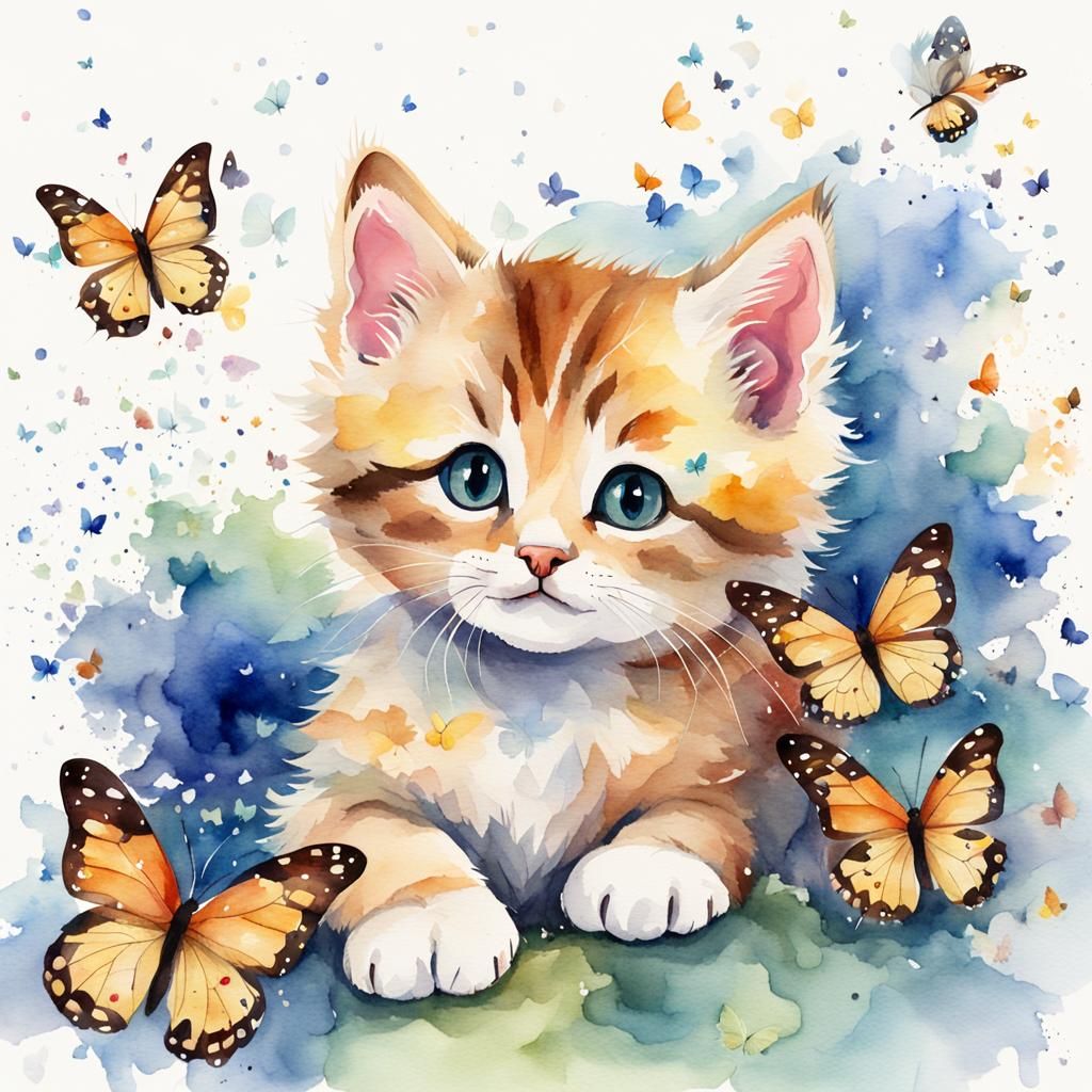 Playful Kitten with Butterflies: Watercolor Illustration