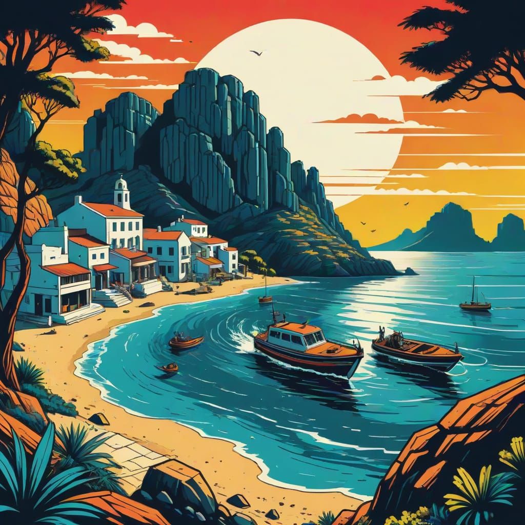 Greek Island in Retro Comic Book Style