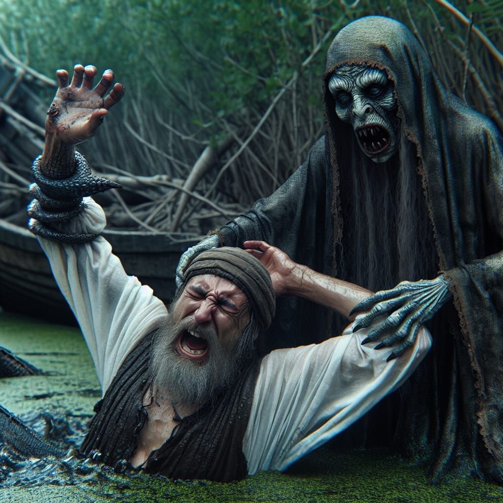 Medieval Dark Fantasy Scene: Terrified Fisherman Confronts M...