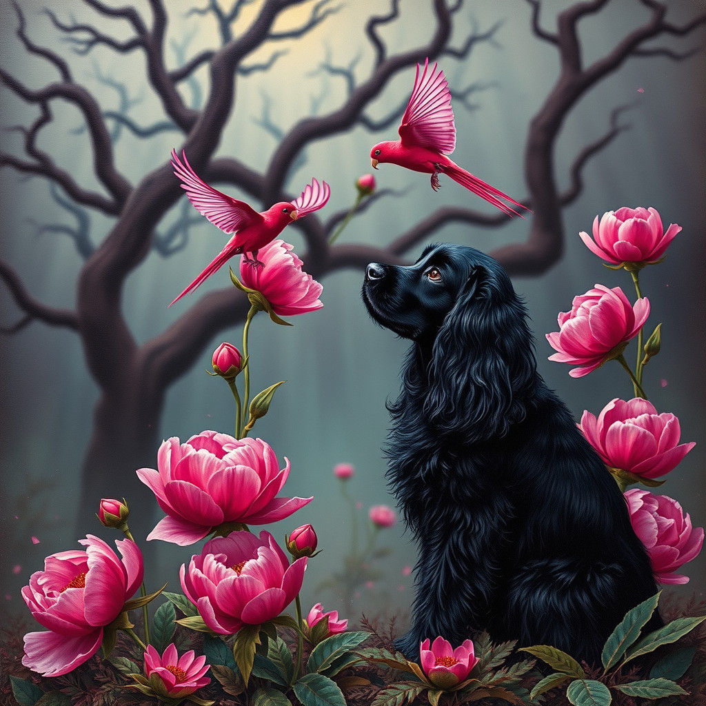 Magenta Peonies and Lorikeet in Art Nouveau Style