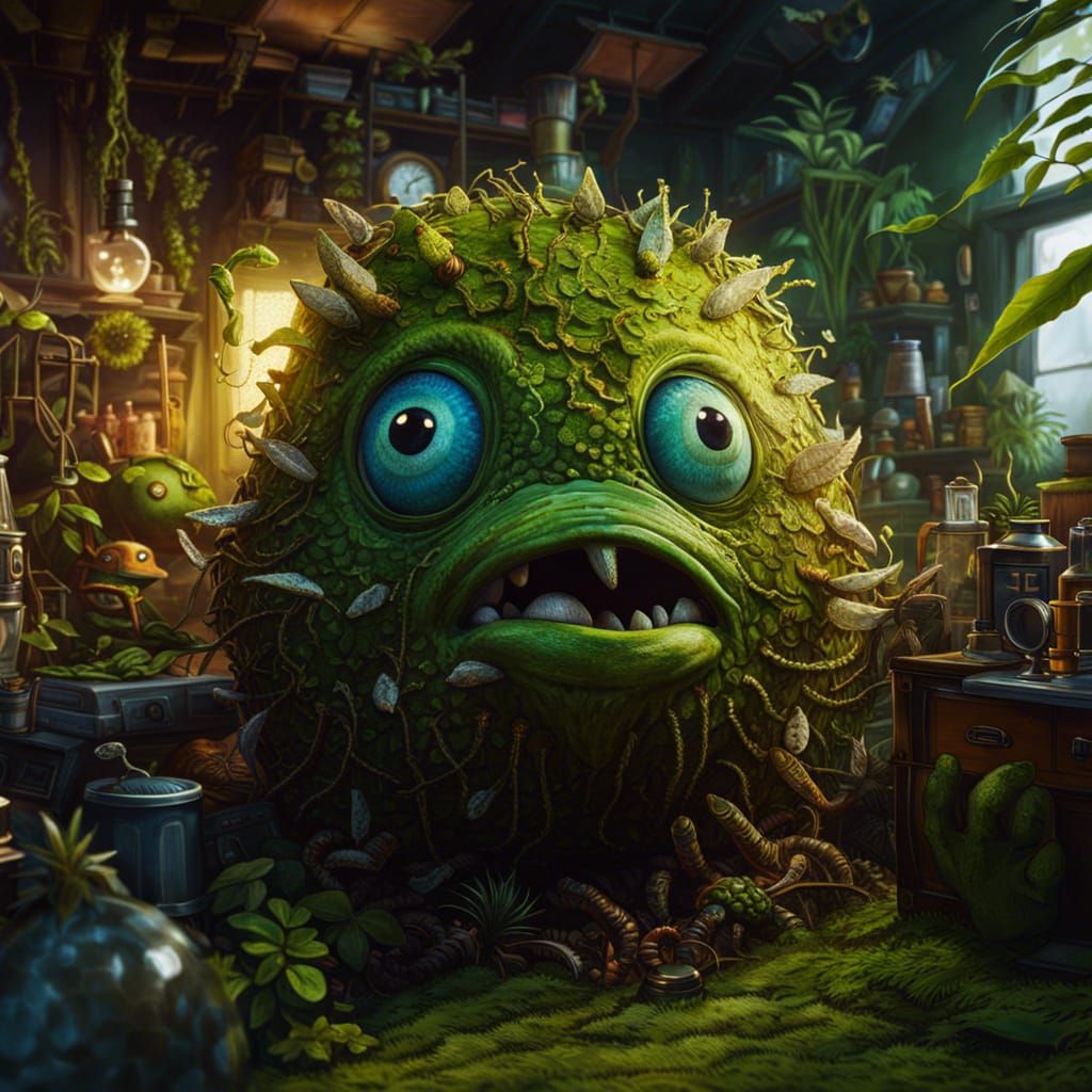 Mossy Monster in Cluttered Botanist Living Space