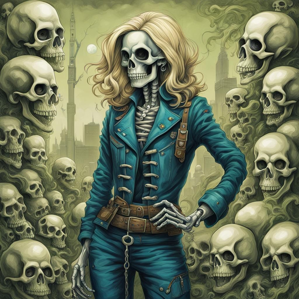 Blonde Woman with Skull Necklace in Pencil Caricature