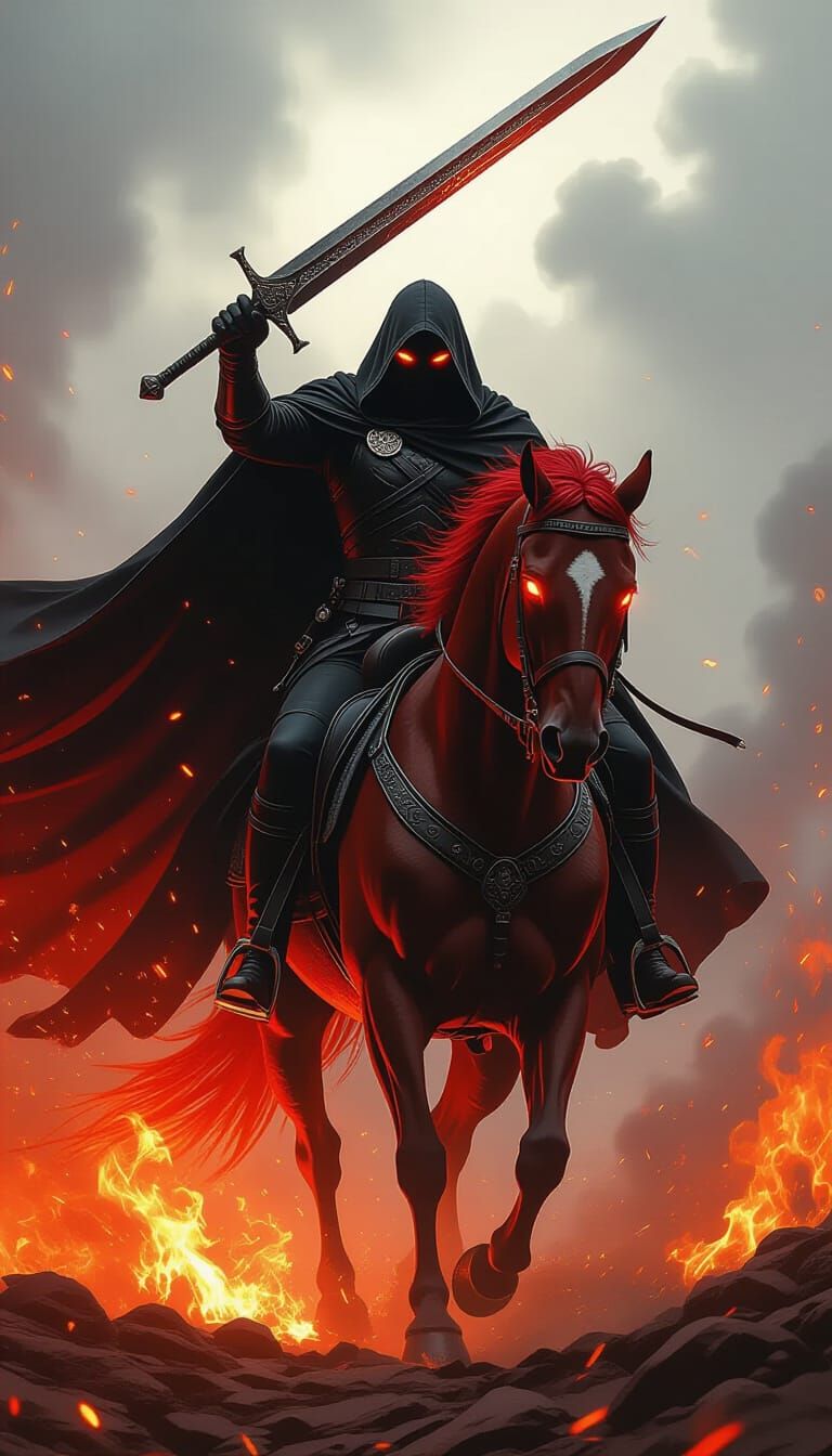 Ominous Rider on Fiery Horse with Ancient Sword