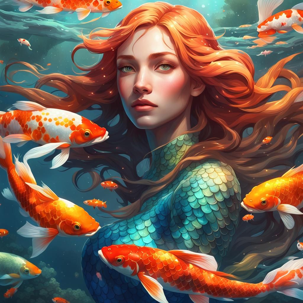 Mermaid and Koi Pond Portrait in Art Nouveau Style