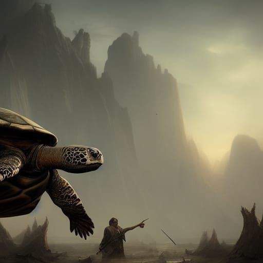 Giant Turtle Devouring Men in Dark Fantasy Style