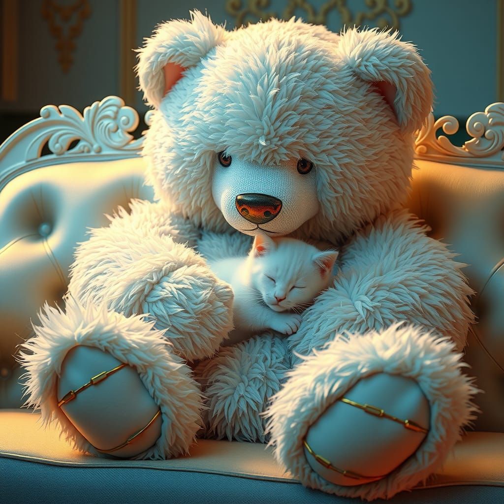 Teddy Bear Holding Kitten: Hyperdetailed Concept Art
