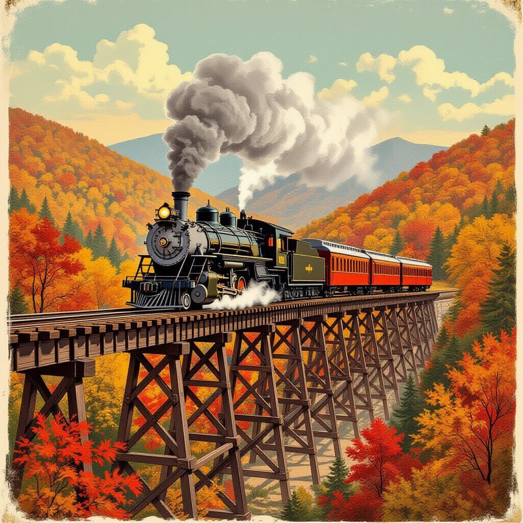 Steam Train on Trestle Bridge Amidst Fall Colors