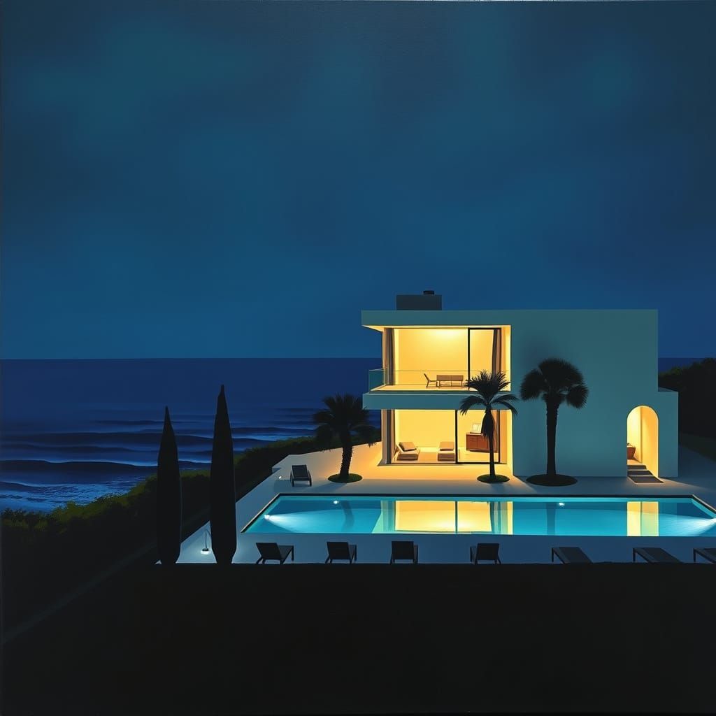 Modern House Near the Ocean: Abstract Oil Painting