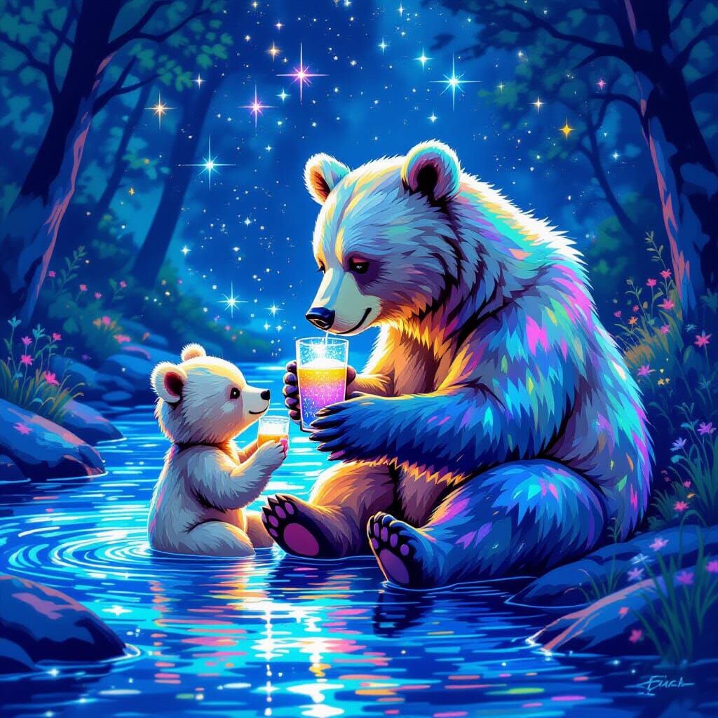 Cosmic Bears Drinking from Starry River, Whimsical Style