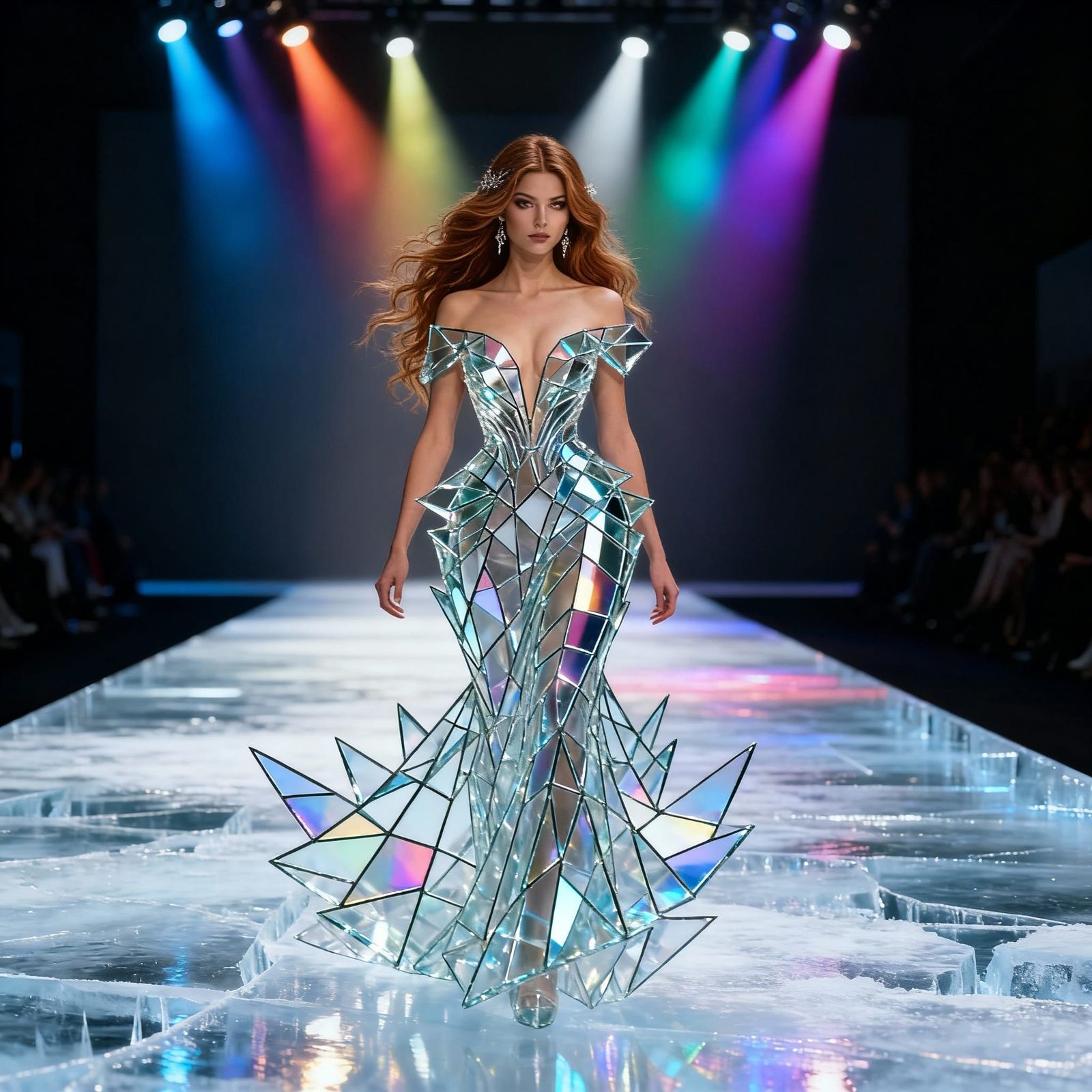 Avant-Garde Model on Ice Runway in Glass Gown