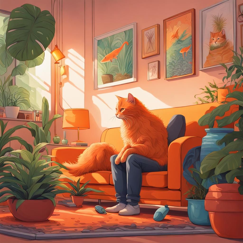 Hyperrealistic Cozy Living Room with Aquarium