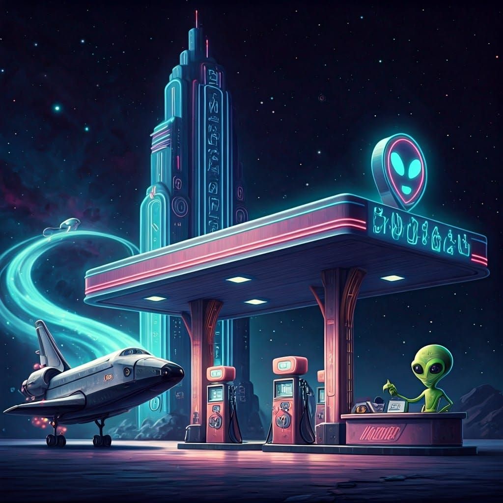 Cosmic Gas Station in Art Deco Style