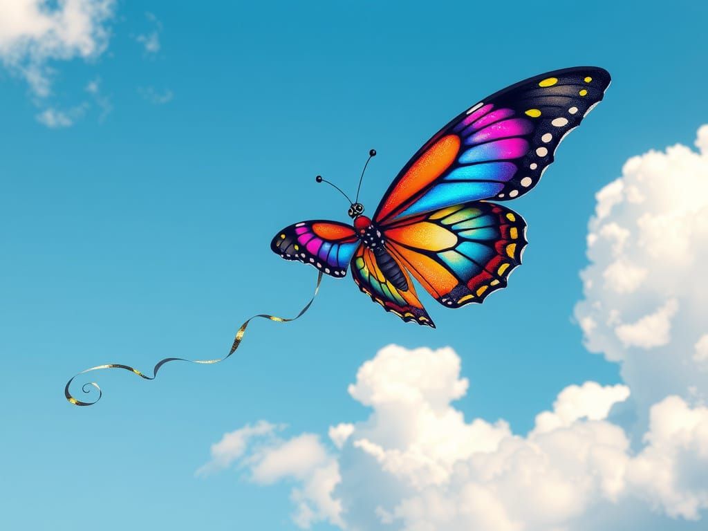 Whimsical Butterfly Kite Soars Through a Dreamlike Blue Sky