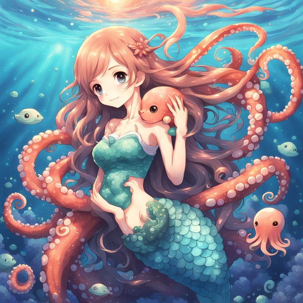Anime Mermaid Hugging Octopus in Manga Style