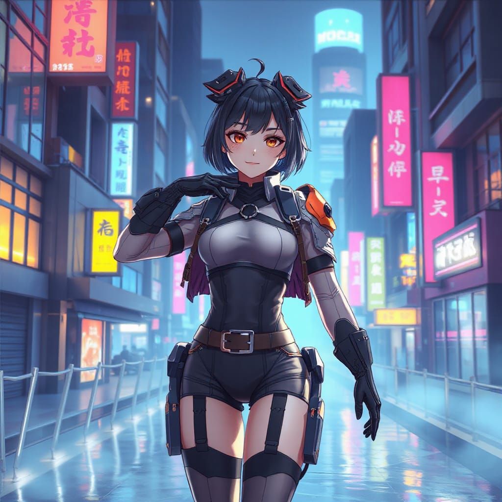 Heroic Woman in Neon Cityscape: Digital Anime Art