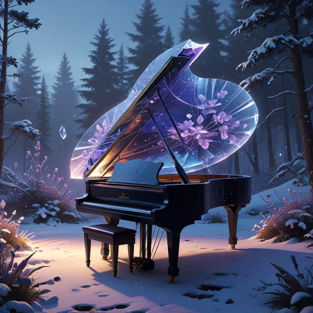 Majestic Crystal Piano Amidst Whimsical Snowfall