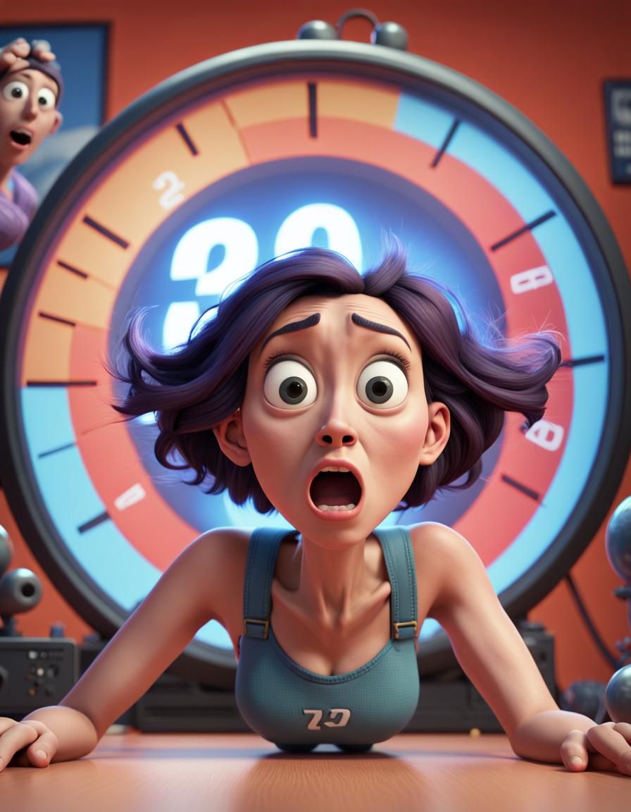 Woman scared, bomb counting down with display visible. Closeup Pixar comical