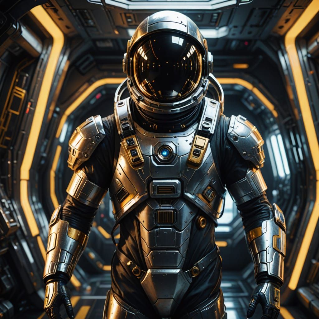 Astronaut in Futuristic Silver Flight Suit Inside Sleek Meta...