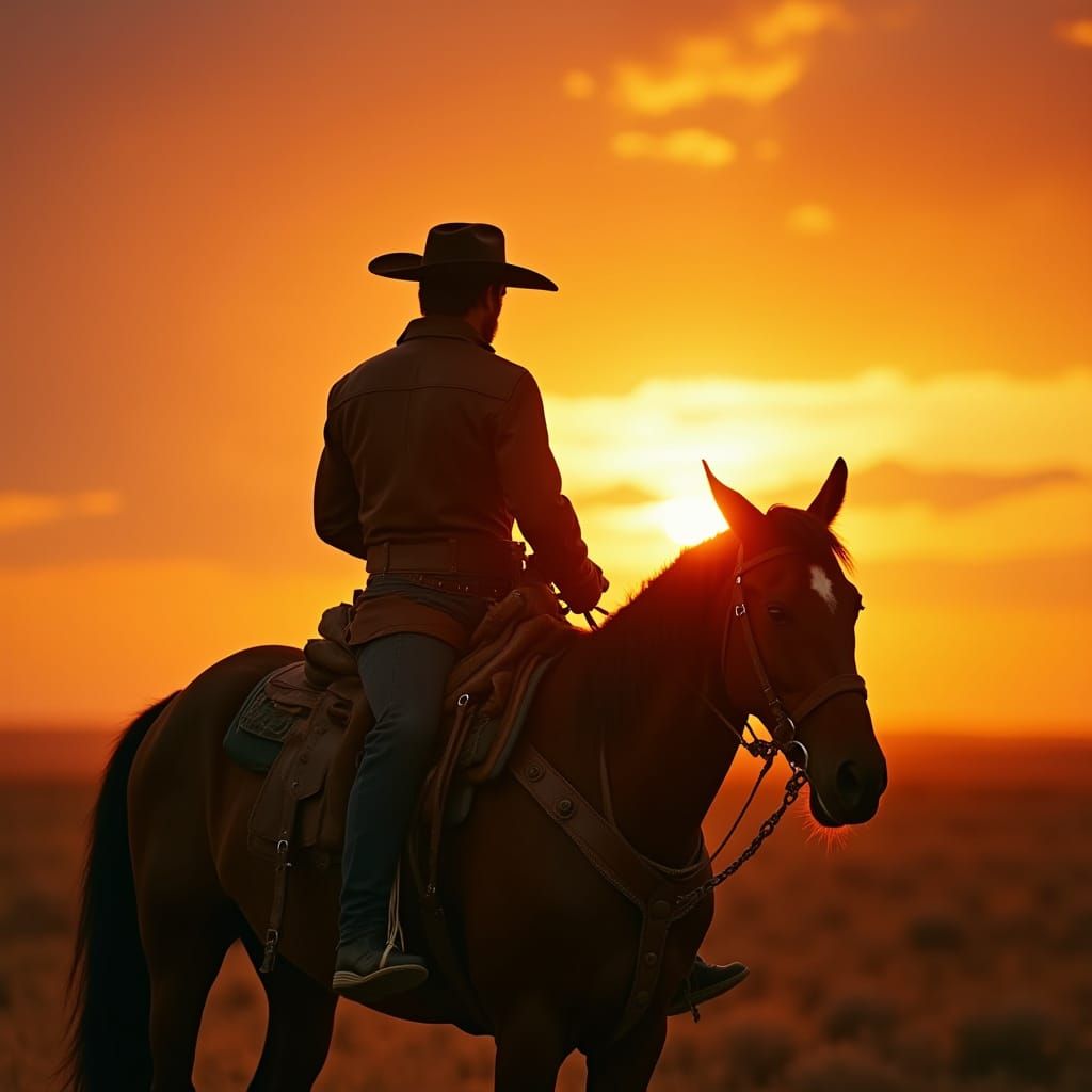 Cowboy Rides Horse into Dramatic Sunset, Film Still