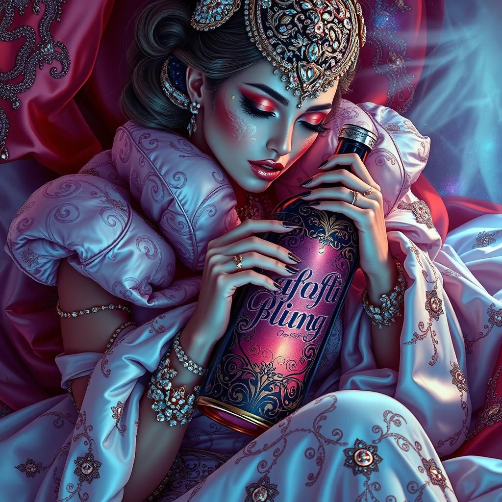 Opulent Model with Jeweled Bottle in Futuristic Style