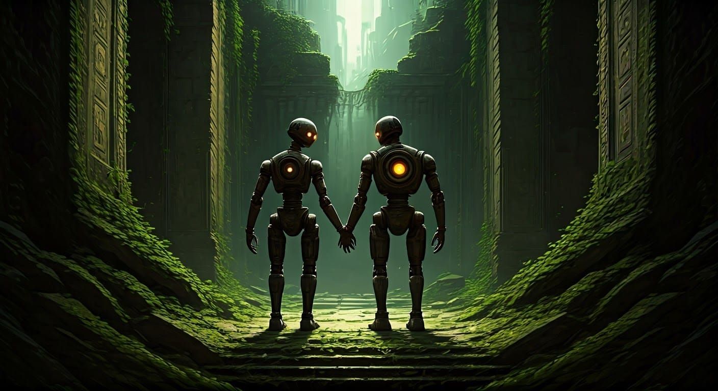 Rustic Robots Amidst Ancient Ruins in Eternal Devotion