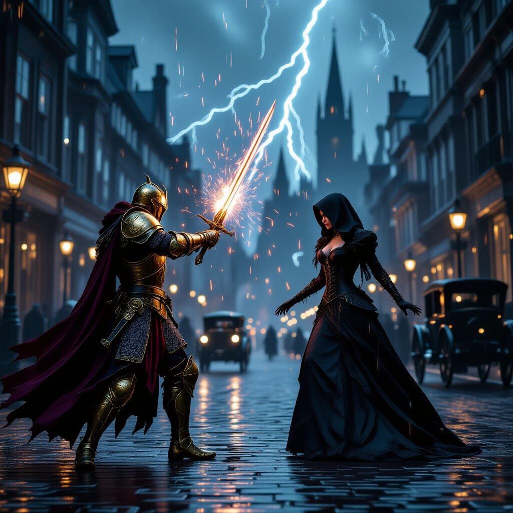 Paladin Battles Assassin in Stormy Victorian City