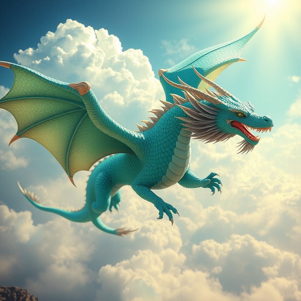 Turquoise Dragon Soaring in Surreal Fantasy Sky