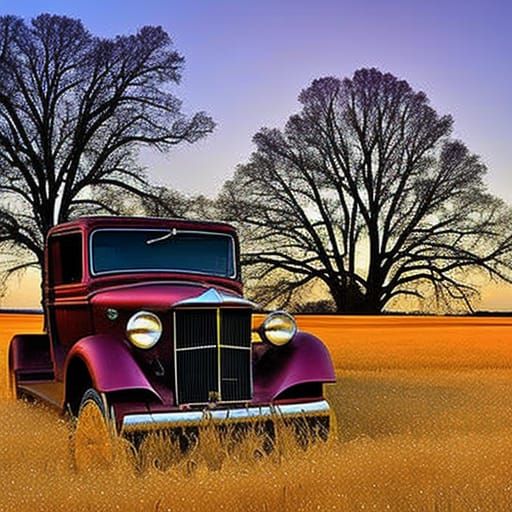 steampunk Studebaker truck in a wheat field, with an oak tree and pearlescent sunset background with purple and orange s...