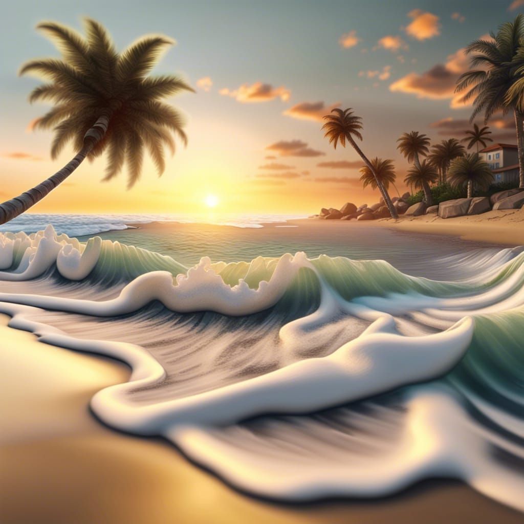 Hyperrealistic Beach Sunset with Palm Tree