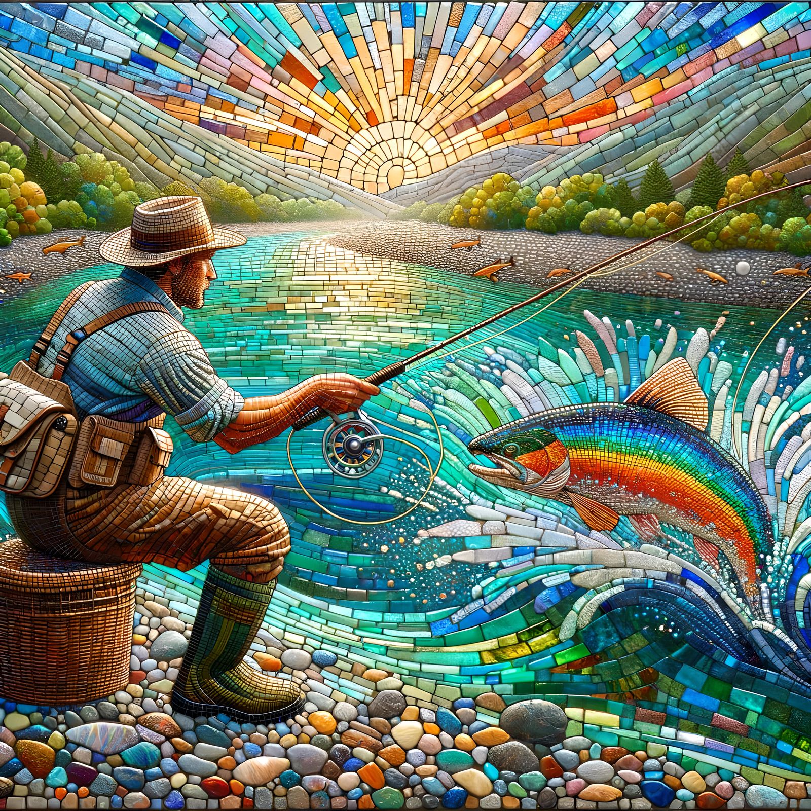Mosaic Fly Fisherman Casting Line in Colorful River
