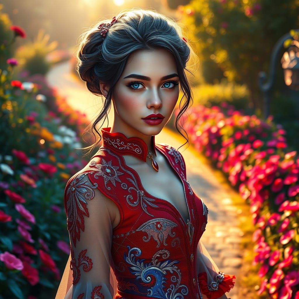 Stunning Red and Blue Garden Scene with Intricate Threads an...