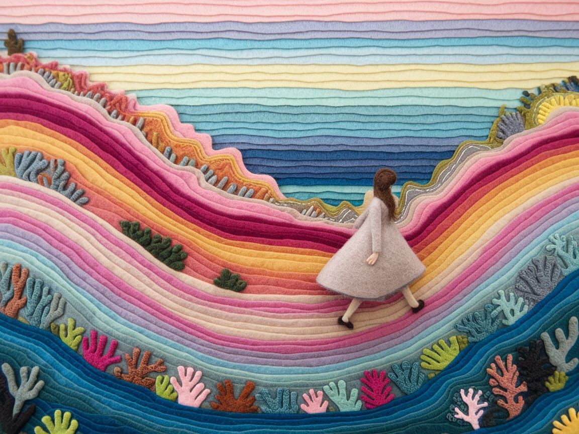 Felted Woman Walking in Colorful Layered Landscape