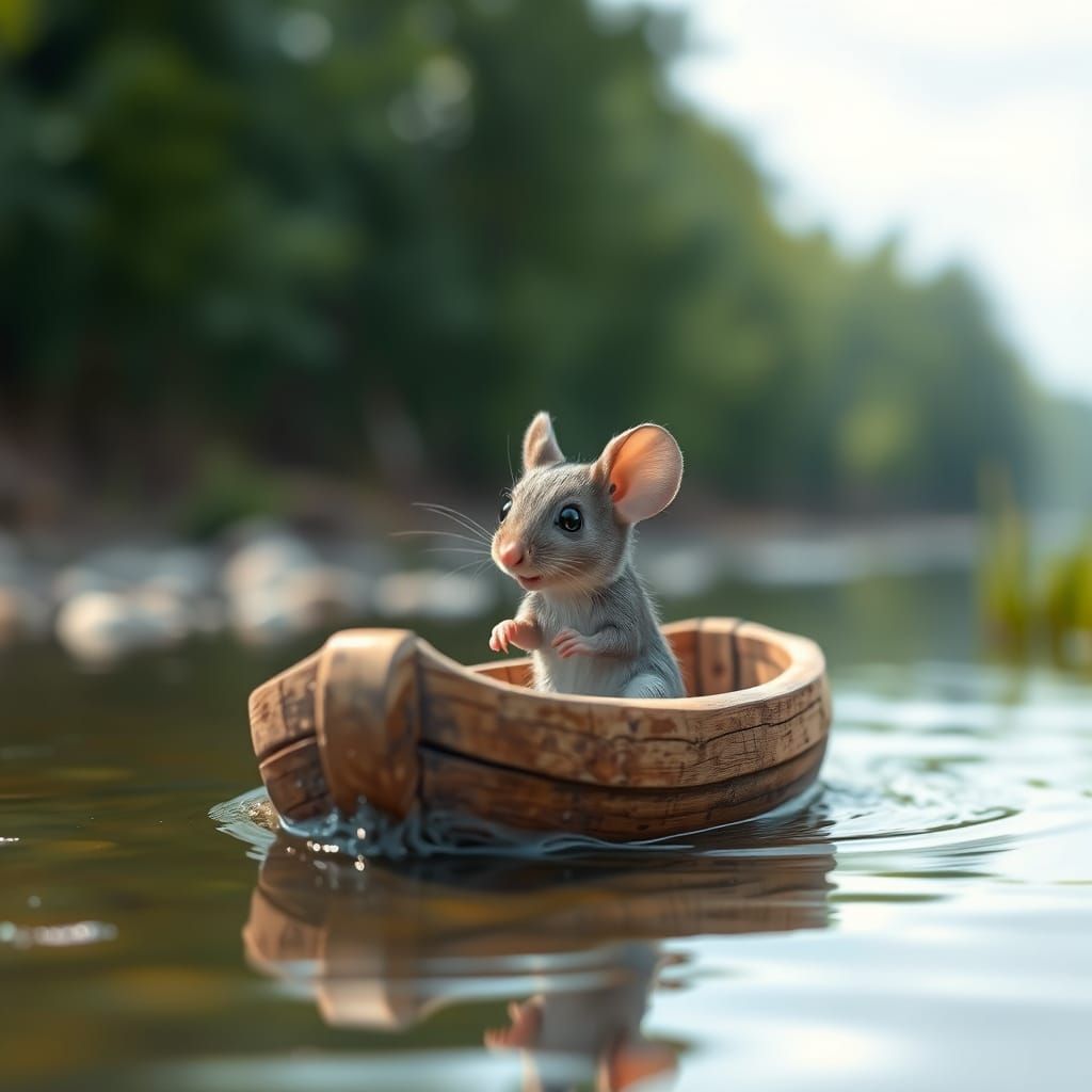 Mouse in Wooden Boat on River
