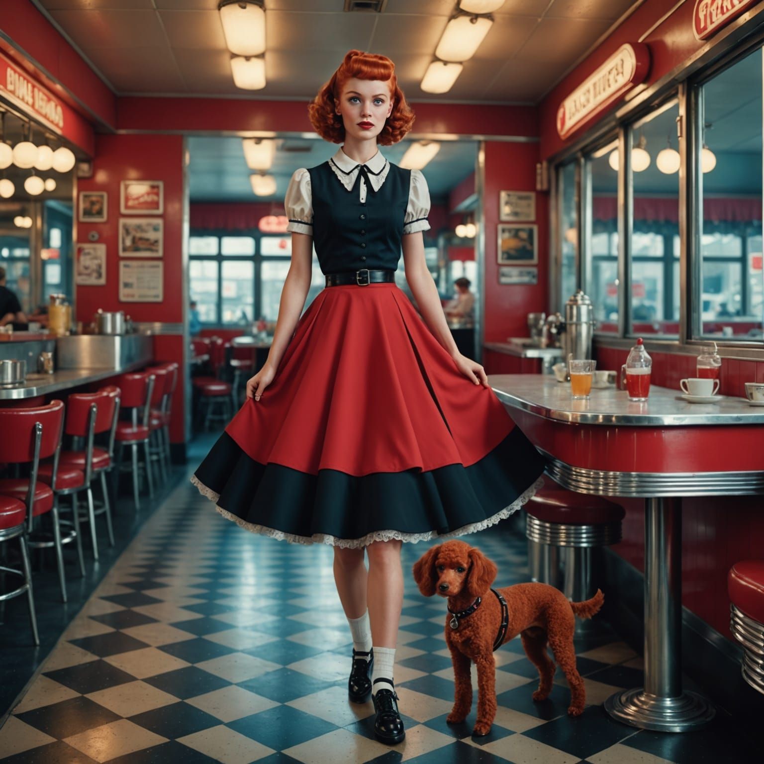 1950s Redhead Enters Diner in Detailed Digital Art