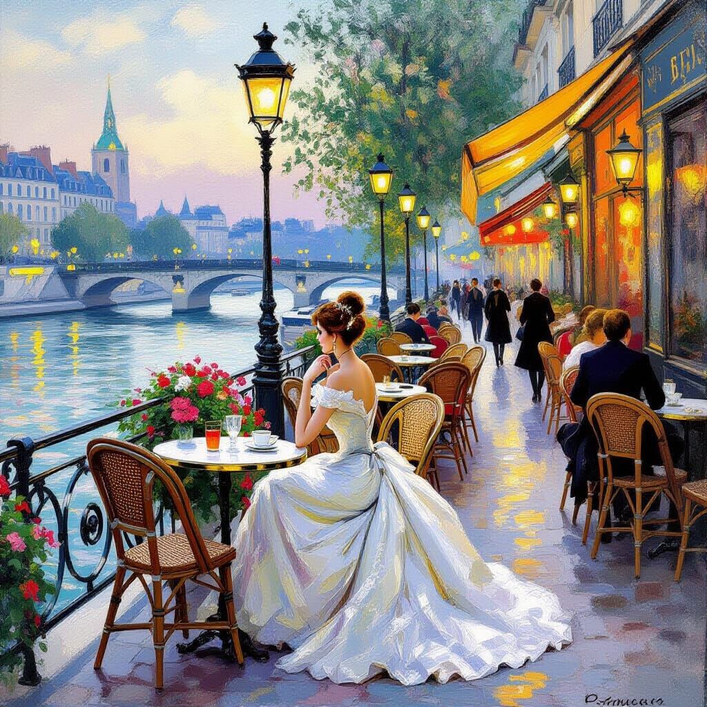 Elegant Woman at Parisian Cafe, Seine River View