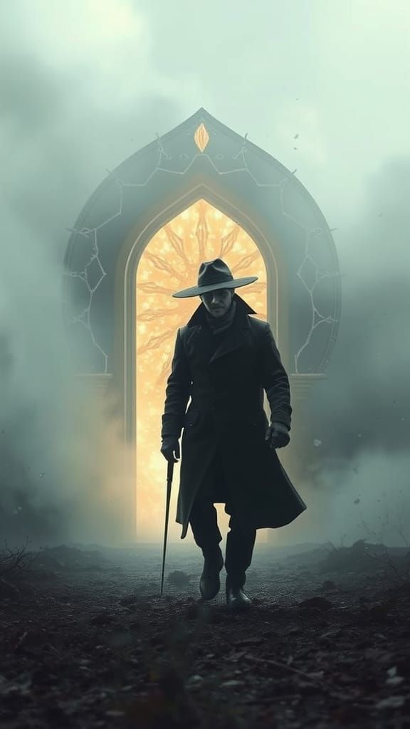 Ethereal Portal Beckons Lone Figure: Digital Art