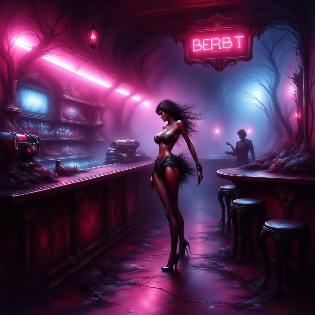 Maid Bikini Woman Serving Coffee in Retro Pub