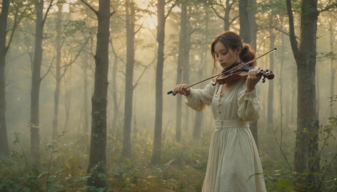 Ethereal Surrealism: Violinist in Mystical Forest