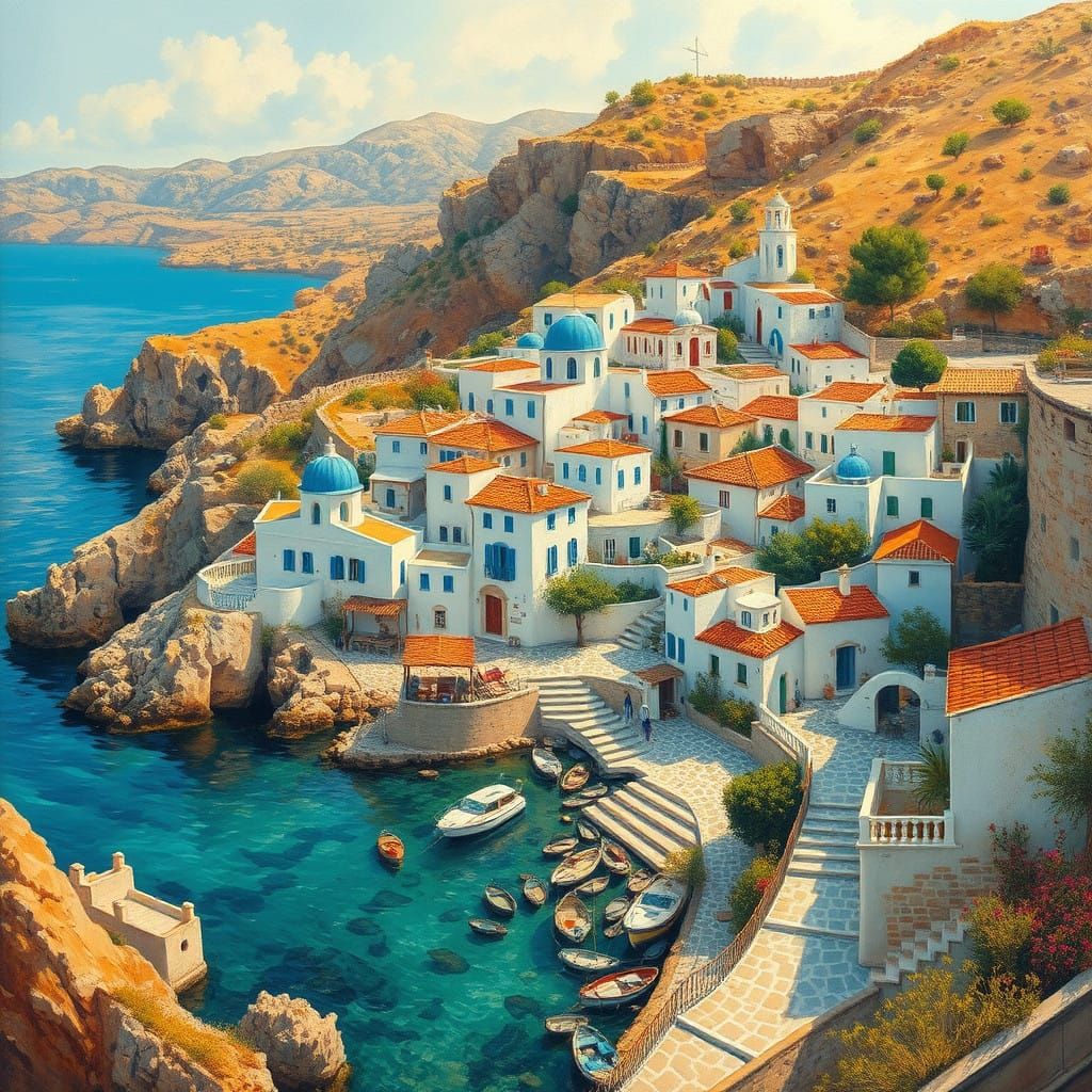 Greek Fishing Village in Impressionist Style