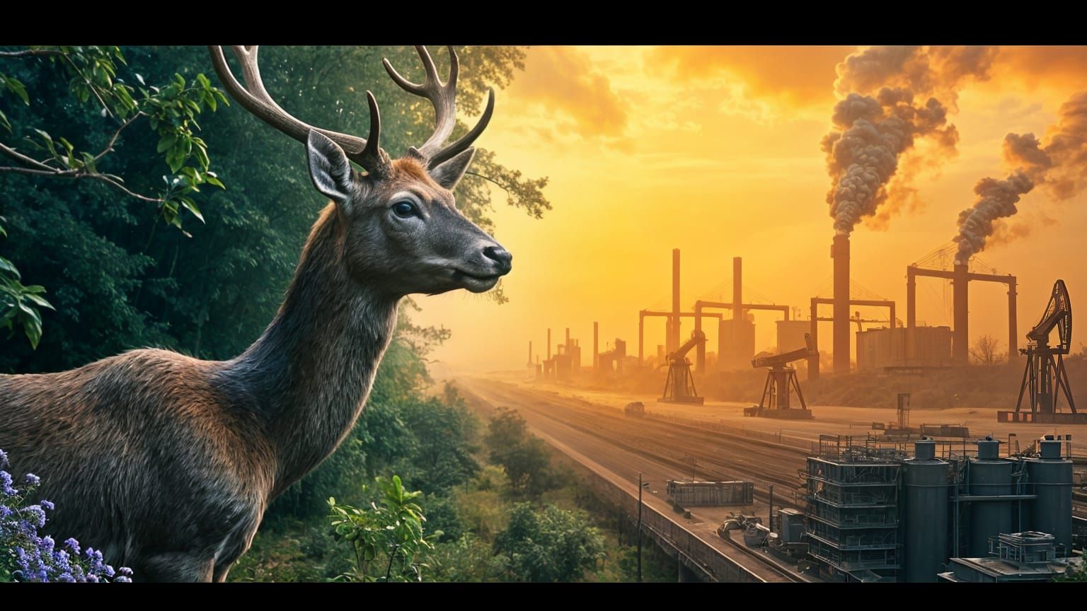 Deer Gazing at Industrial Wasteland: Cinematic Film Still