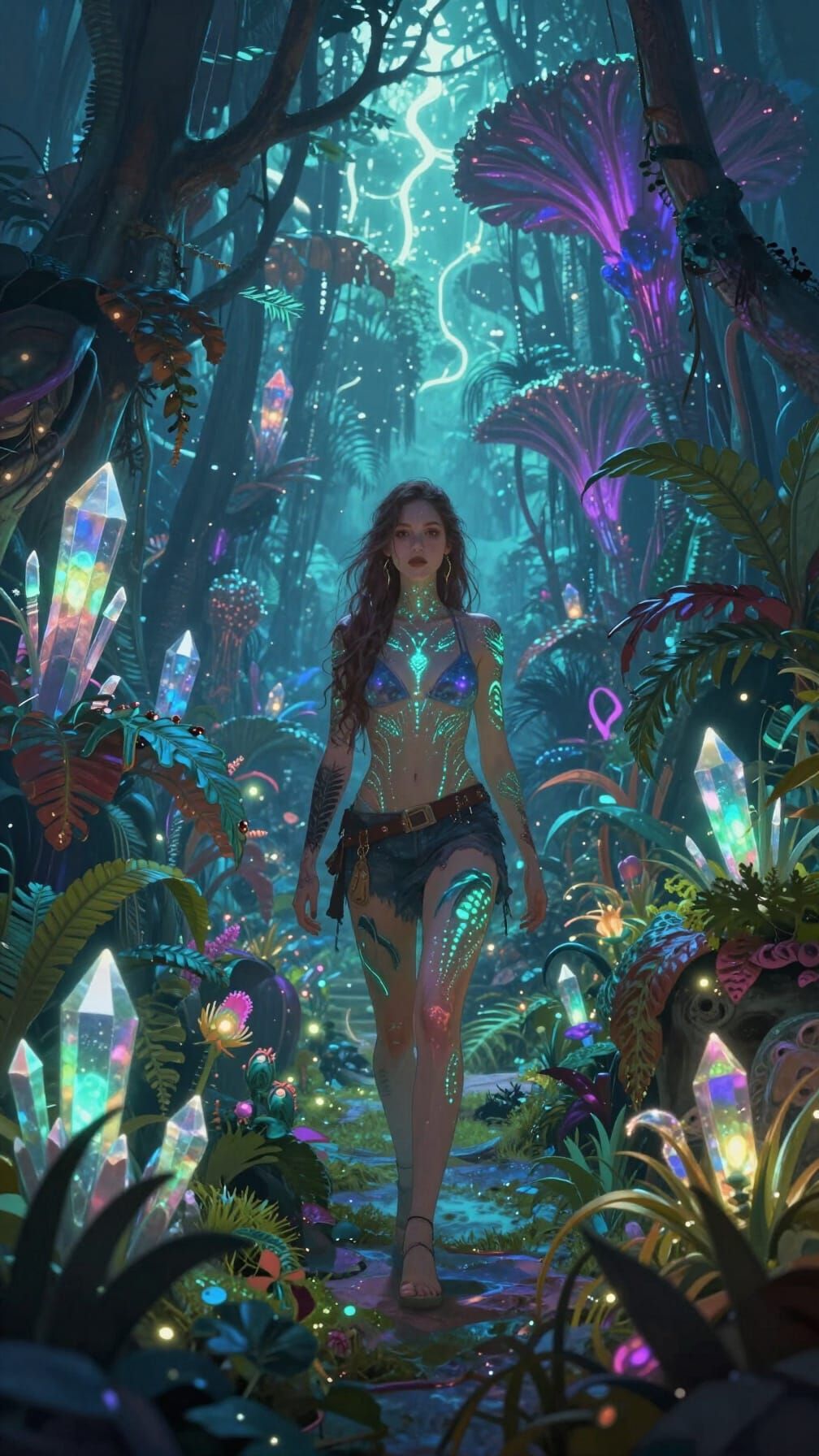 Woman in Alien Jungle with Bioluminescent Flora