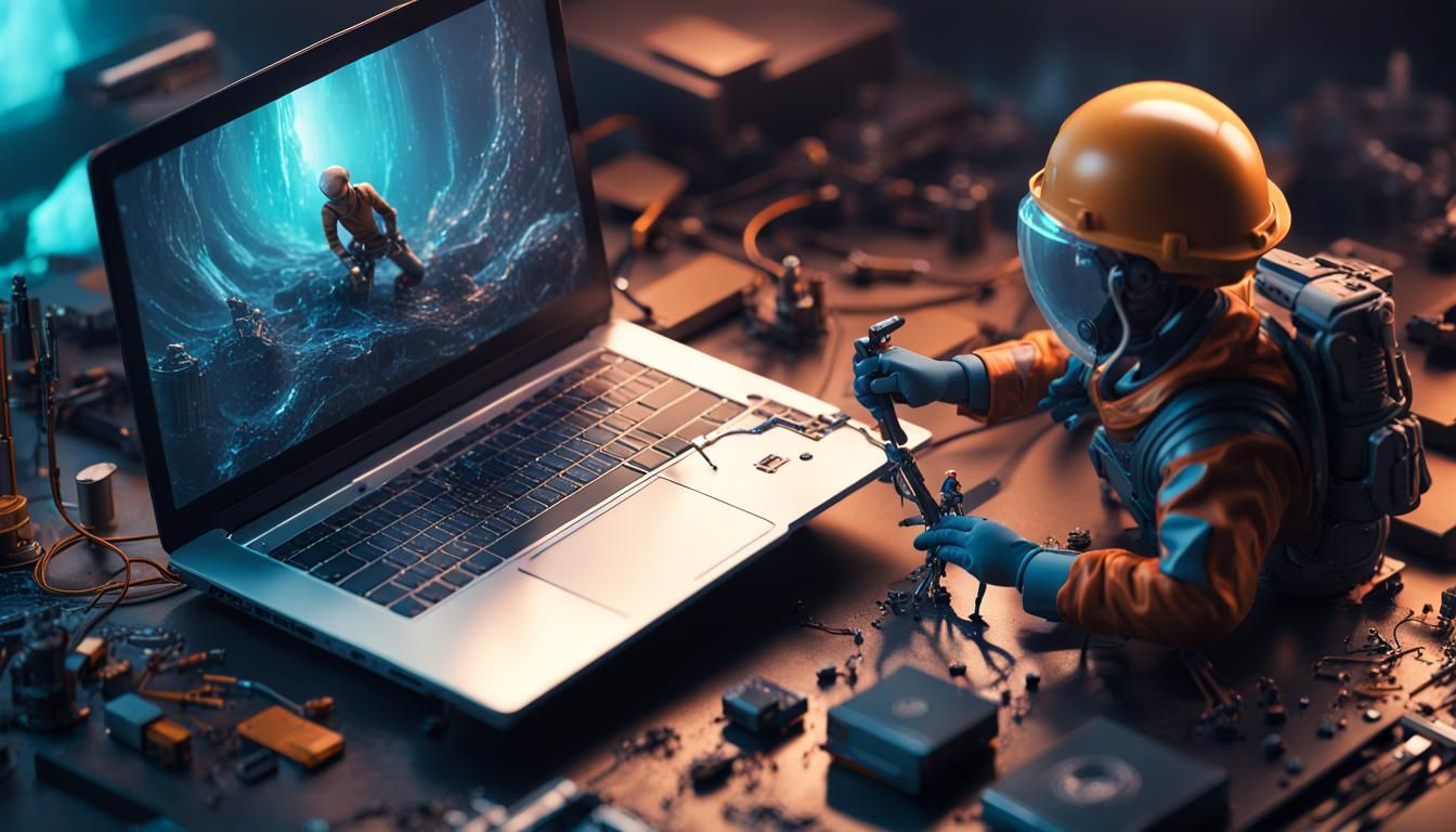 miniature humans are repairing a big laptop. One miniature h...