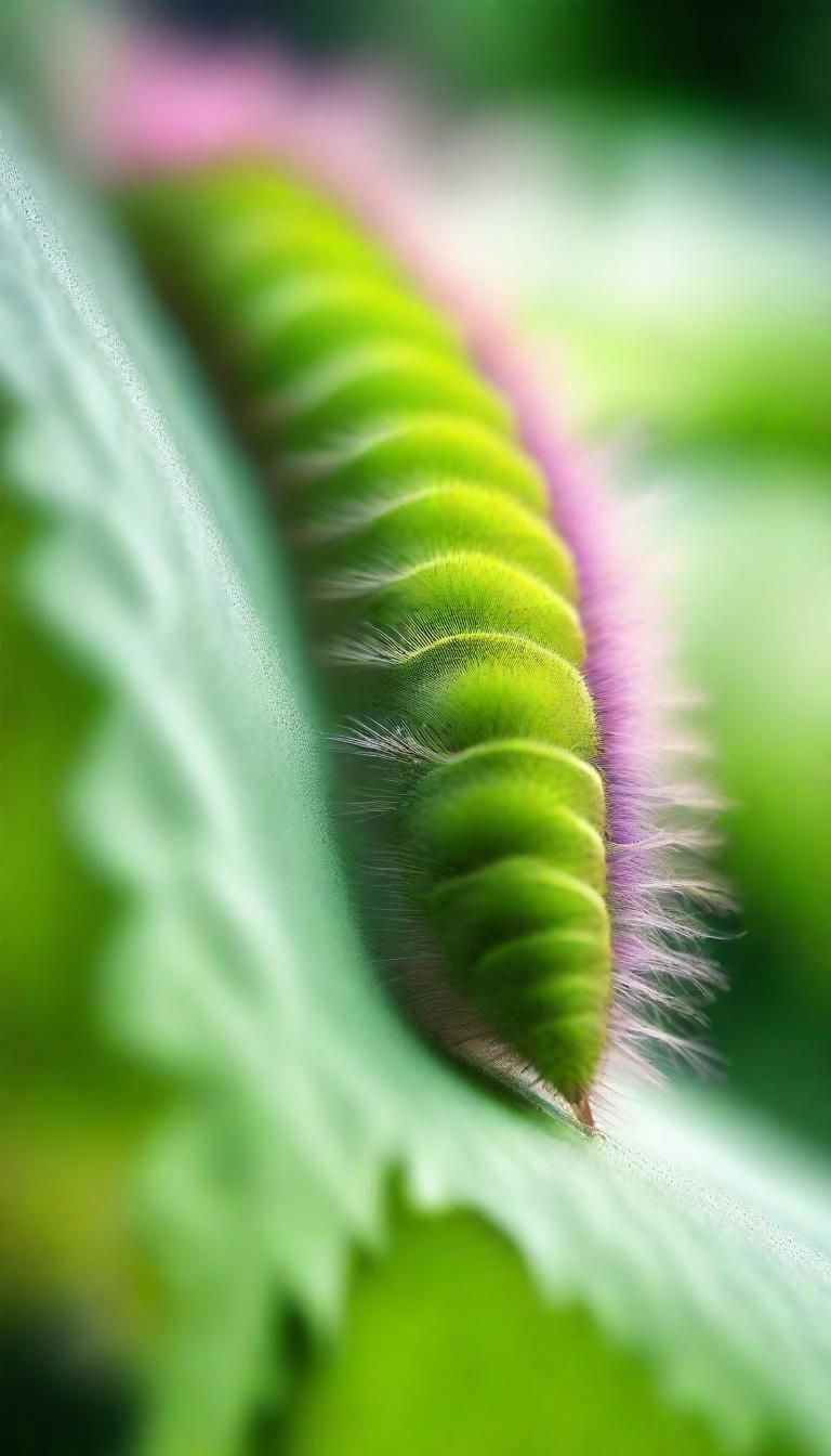 Macro Photo of Caterpillar on Leaf in Dreamy Style