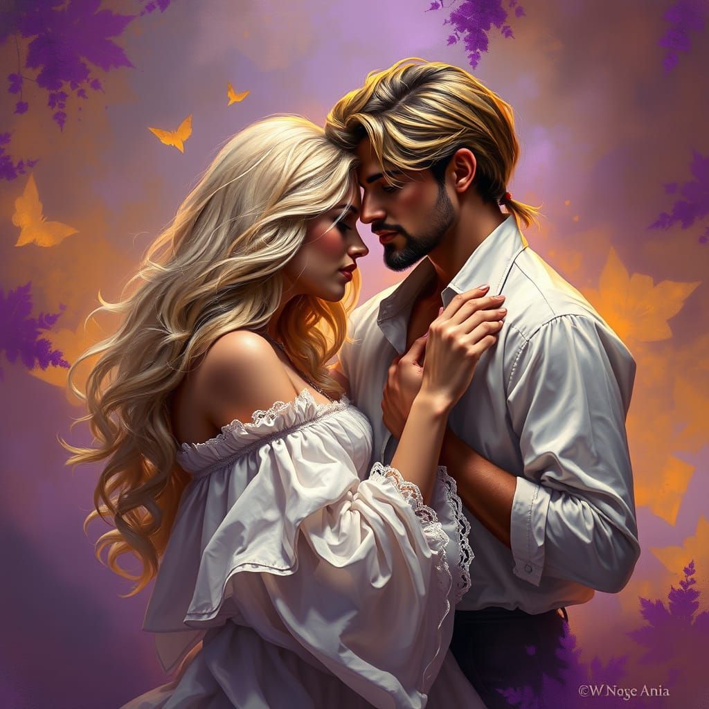 Nestled close, a blonde/brunette couple leans into each othe...