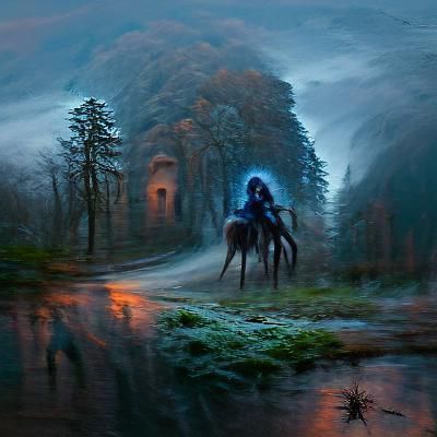 Eerie Riders in Ancient Forest at Dawn