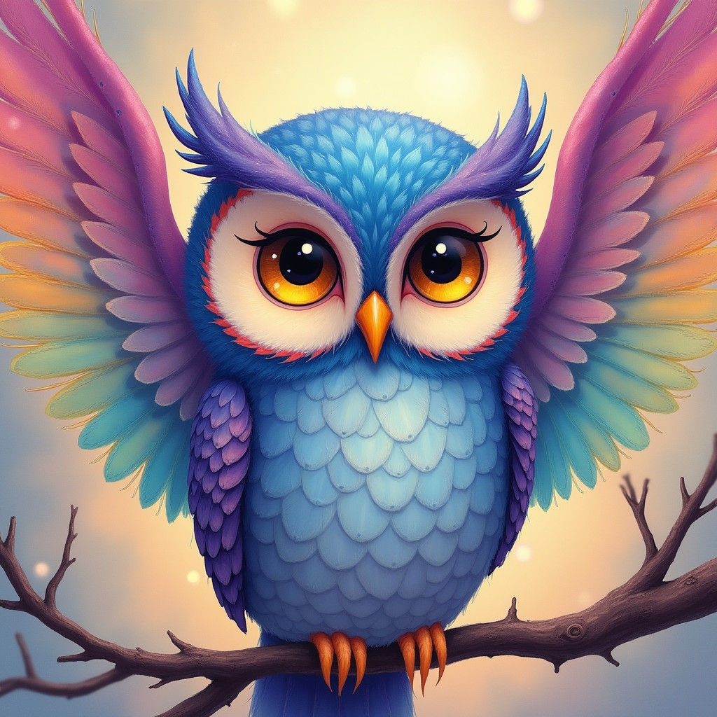 Rainbow Winged Owl Portrait in Folk Art Style