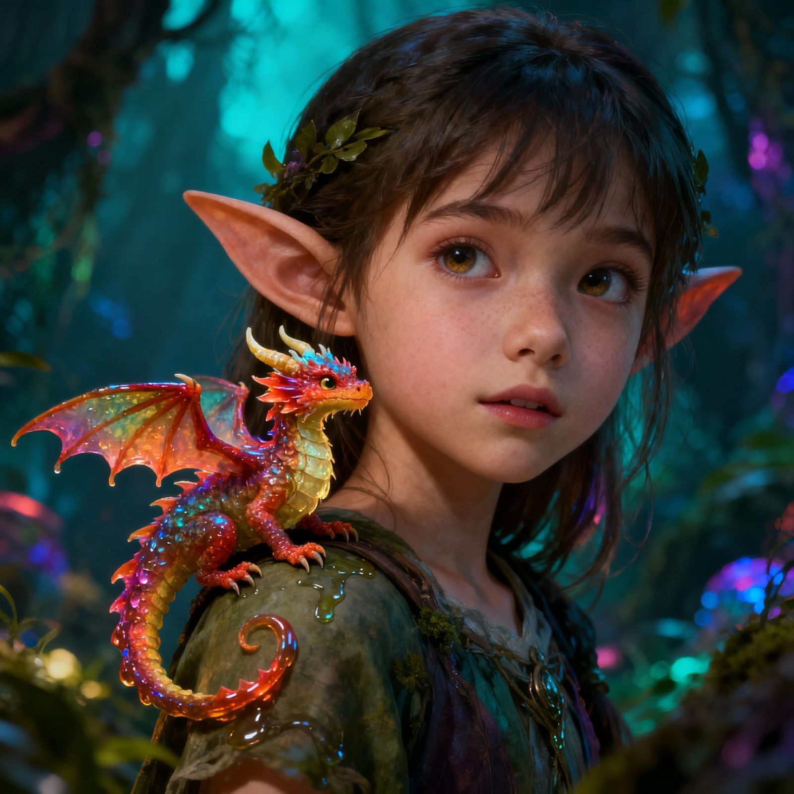 a diminutive dragon on a cute little elven girl's shoulder